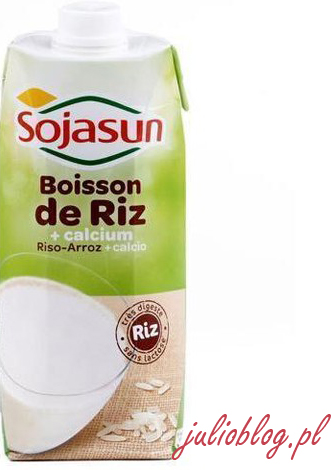 napój ryżowy naturalny SOJASUN z dodatkiem wapnia produkowany we Francji. Opakowanie 0,75l kosztuje 8zł. Napój ryżowy naturalny UHT. 0% laktozy. 0% cholesterolu, 0% białek zwierzęcych, 0% glutenu. Skład: woda źródlana, ekstrakt z ryżu 15%, olej słonecznikowy, fosforan wapnia, sól. Podawać zimne, lub podgrzane.