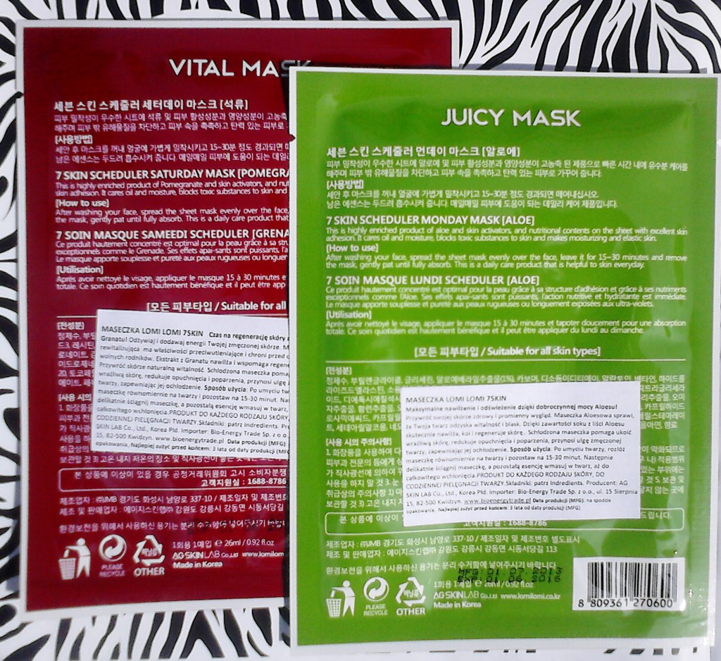 julioblog_maseczki_lomi_lomi_lomilomi_pomagranate_aloe_granat_aloes_koreanskie Dwie maseczki typu sheet mask koreańskiej marki LomiLomi: POMEGRANATE 7skin Scheduler Saturday Vital Mask, oraz ALOE 7skin Scheduler Monday Juicy Mask. Polski dystrybutor BIO ENERGY TRADE Sp. z o.o. nie przetłumaczył składu kosmetyków.