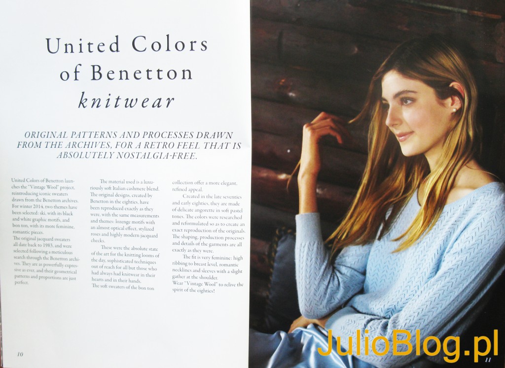Specjalna i ekskluzywna reedycja dzianin wykreowanych przez United Colors of Benetton w latach '70 i '80. Prawdziwa klasyka włoskiego gustu wykonana w oryginalnych kolorach, z cennej przędzy i z zastosowaniem wyrafinowanych technik tkania. Wykonane dla noszenia z tą samą naturalną elegancją i w duchu lat, w których powstały. Istotny i innowacyjny design nadaje tym ubiorom nadzwyczajnie współczesny charakter.