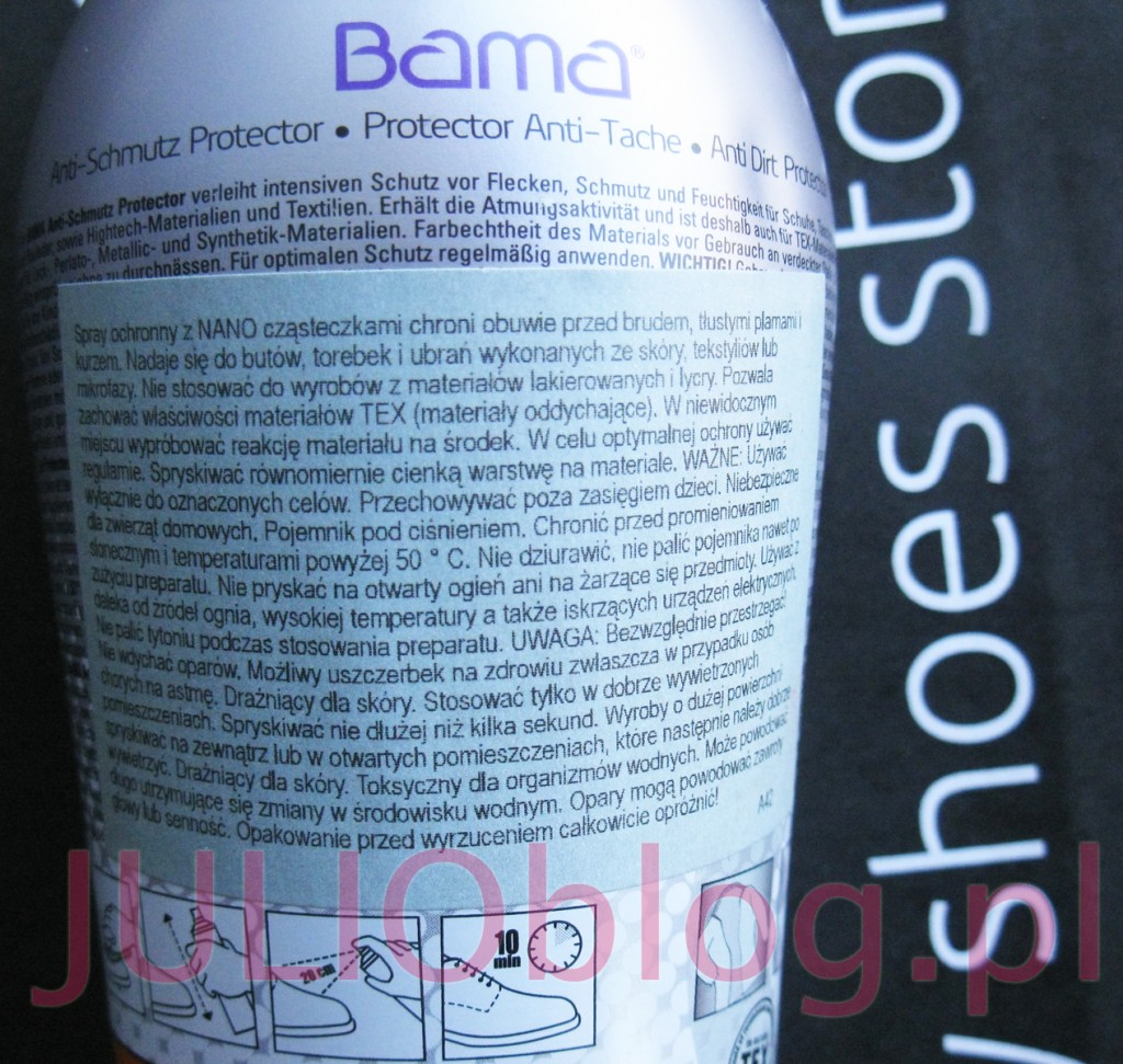 julioblog.pl-Impregnat-spray-do-skóry-zamszu-nubuku-tekstyliów-butów-BAMA-300ml-przeciw-brudzeniu-się-do-ochrony-butów-emu-australia-kupiony-w-sklapie-bayla-za-20.50zł-sposób-użycia-etykietka