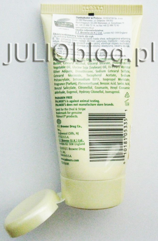 julioblog.pl-recenzje-kosmetyków-opinie-Skoncentrowany-krem-do-rąk-PALMERS-Shea-butter-formula-with-Vitamin-E-Concentrated-Cream-for-Extra-dry-skin.-Tubka-60ml-etykietka-opis-producenta-dystrybutora-USA