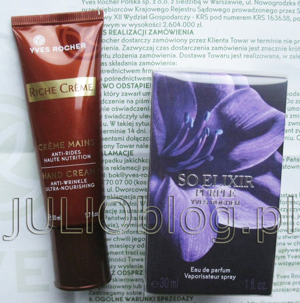 julioblog.pl-zakupy-julii-przez-internet-w-sieci-paczka-z-kosmetykami-zamówieniem-yves-rocher-prezenty-prezent-do-zakupów-gratisy-przesyłka--Krem-do-rąk-Riche-Creme-Pielęgnacja-codzienna-woda-perfumowana-so-elixir-purple-30ml