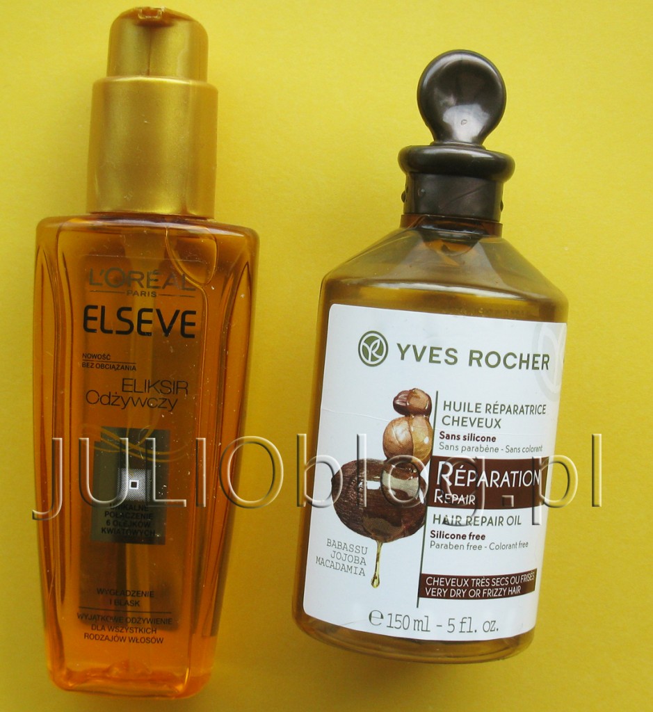 julioblog.pl-dwa-olejki-2-do-włosów-eliksir-odżyczy-elseve-loreal-paris-magiczna-moc-olejków-100ml-olejek-odbudowujący-do-włosów-yves-rocher-roślinna-pielęgnacja-150ml-olejowanie-włosów