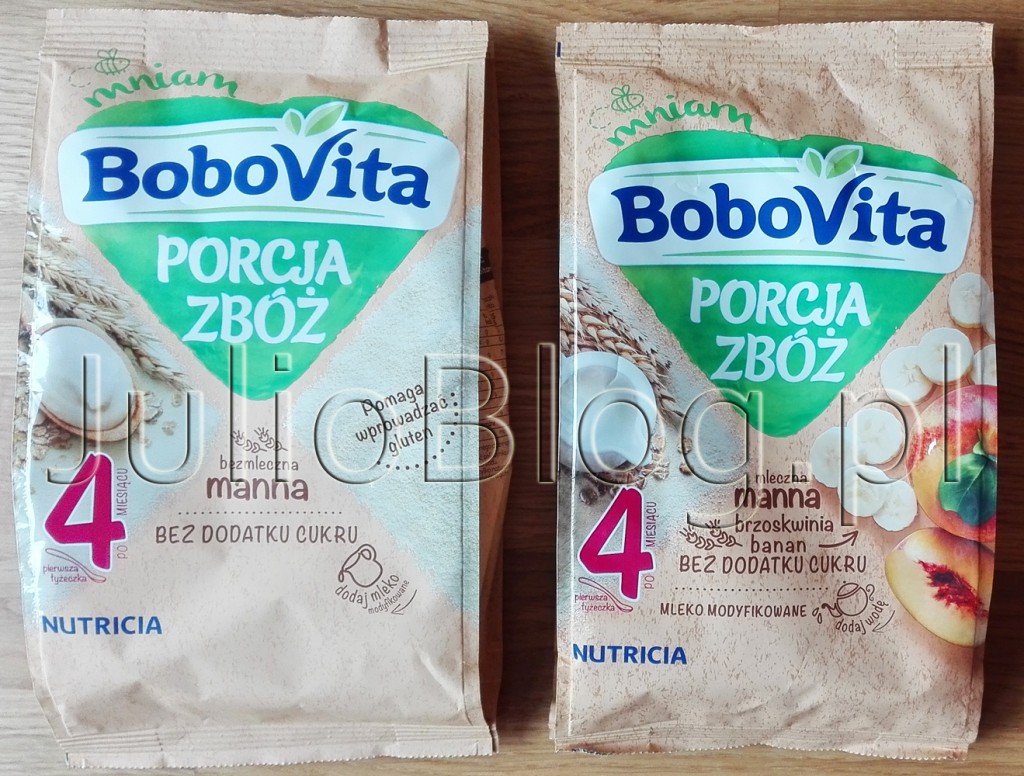 BoboVita-Porcja-Zbóż-Kaszka-mleczna-manna-brzoskwinia--banan-bez-dodatku-cukru-maltodekstryna-po-4-miesiącu-BoboVita-Porcja-Zbóż-Bezmleczna-kaszka-manna-JulioBlog.pl-blog-Julii