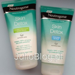 Oczyszczająca maska 2 w 1 z glinką i kwasem glikolowym dla każdego rodzaju skóry Neutrogena Skin Detox (19,99zł/150ml) i Chłodzący scrub – peeling wygłądzający z kwasem glikolowym dla każdego rodzaju skóry Neutrogena Skin Detox (19,99zł/150ml). NEUTROGENA® Skin Detox Oczyszczająca maska 2w1.Zawiera kwas glikolowy i glinkę. Dociera do 100% zanieczyszczeń. Działa przeciw szkodliwym czynnikom zewnętrznym. Dogłębnie oczyszcza skórę dla rozświetlonej cery. Delikatna dla każdego typu skóry. Detoksykująca formuła z glinką i kwasem glikolowym pomaga usunąć zanieczyszczenia oraz działa przeciw szkodliwym czynnikom zewnętrznym. Delikatnie usuwa cząsteczki brudu, nadmiar sebum oraz makijaż, bez utraty nawodnienia w skórze. Formuła 2w1 może być stosowana jako codzienny produkt oczyszczający lub jako detoksykująca maska, która dokładnie oczyszcza i odblokowuje pory dla jednolitej i rozświetlonej cery. Nie zatyka porów. PRZYGOTOWANIE I STOSOWANIE Jako produkt oczyszczający- nałóż na zwilżoną skórę twarzy, omijając okolice oczu. Spłucz wodą. Jako maska- nałóż równomiernie na skórę twarzy, omijając okolice oczu. Poczekaj 1 minutę do wyschnięcia produktu. Spłucz wodą. NEUTROGENA® Skin Detox Wygładzający peeling do twarzy. Stworzony we współpracy z dermatologami. Zawiera kwas glikolowy. Dociera do 100% zanieczyszczeń. Działa przeciw szkodliwym czynnikom zewnętrznym. Wygładza skórę oraz dogłębnie ją oczyszcza dla rozświetlonej cery. Delikatny dla każdego typu skóry. Chłodząca, żelowa formuła pomaga usunąć zanieczyszczenia oraz działa przeciw szkodliwym czynnikom zewnętrznym. Delikatne mikrogranulki, wzbogacone o kwas glikolowy, odblokowują pory i delikatnie usuwają cząsteczki brudu, nadmiar sebum oraz makijaż, jednocześnie zachowując nawodnienie. Skóra jest wygładzona, pory dogłębnie oczyszczone- dla jednolitej i rozświetlonej cery. Nie zatyka porów. PRZYGOTOWANIE I STOSOWANIE Stosuj rano i wieczorem na dokładnie oczyszczoną skórę twarzy i szyi, wykonując masaż okrężnymi ruchami. Oczyszczająca maska 2 w 1 z glinką i kwasem glikolowym dla każdego rodzaju skóry Neutrogena Skin Detox (19,99zł/150ml) i Chłodzący scrub – peeling wygłądzający z kwasem glikolowym dla każdego rodzaju skóry Neutrogena Skin Detox (19,99zł/150ml).