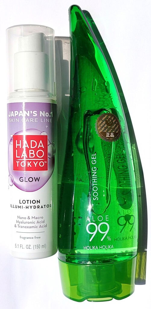 Rozświetlający nawilżacz skóry na dzień i na noc Glov Lotion Hada Labo Tokyo i Wielofunkcyjny żel aloesowy Holika Holika Aloe 99%.